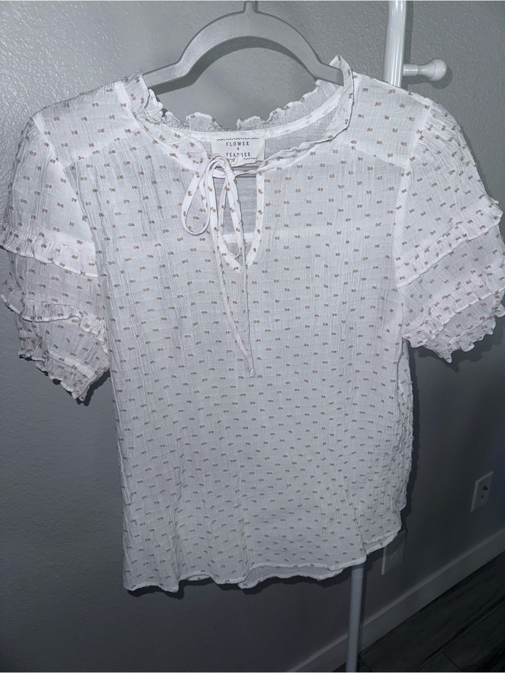 Flower by Jenny Packham White Swiss Dot Tie-Neck Blouse